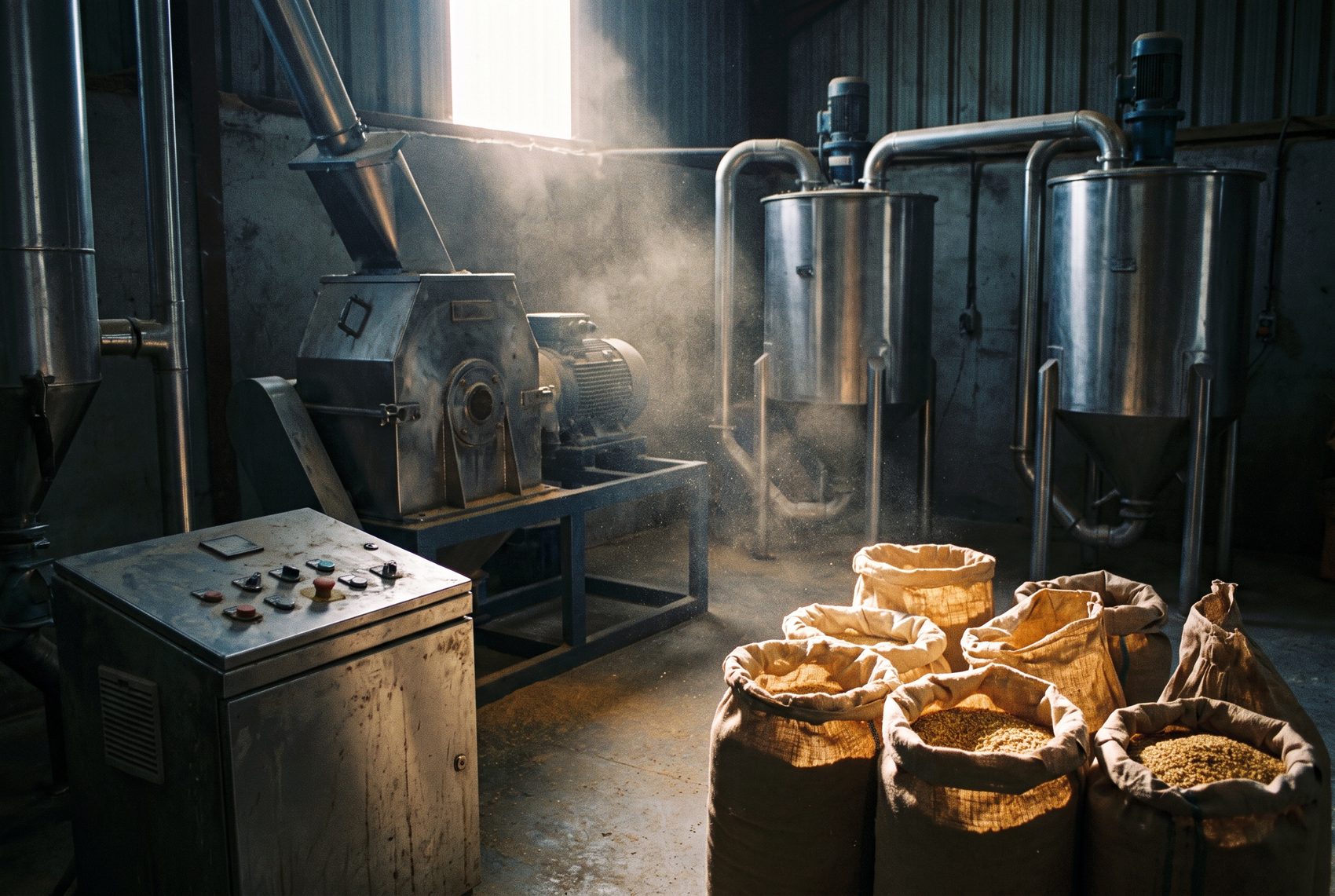 The farm's own feed mill: stainless steel milling and mixing machinery, with open sacks of freshly ground meal in a shaft of daylight.